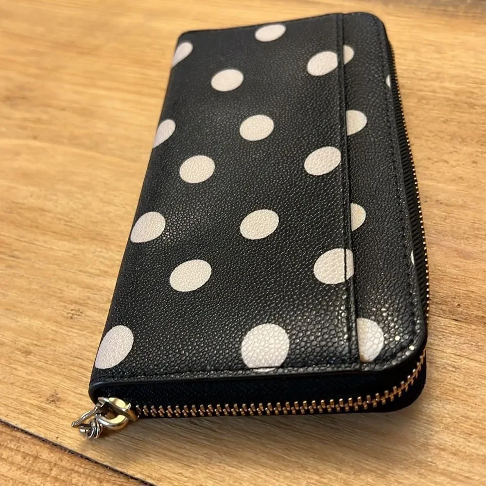 Kate Spade Polka Dot Wallet Black and Cream Coated Canvas Accordion Long Wallet